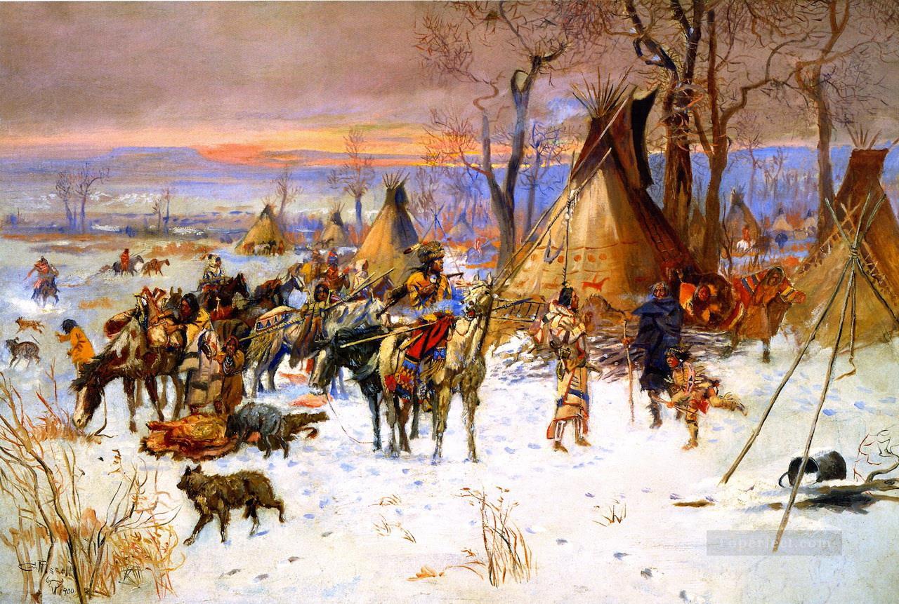 chasseurs indiens retour 1900 Charles Marion Russell Indiens d’Amérique Peintures à l'huile